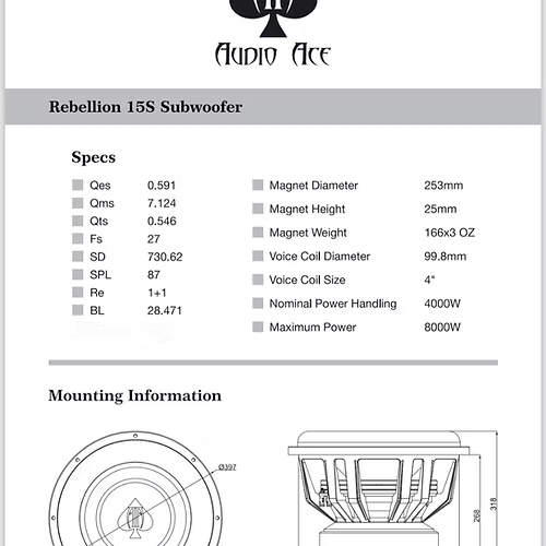 Audio Ace Rebellion 15" 4000W RMS Dual-1-Ohm Subwooofer
