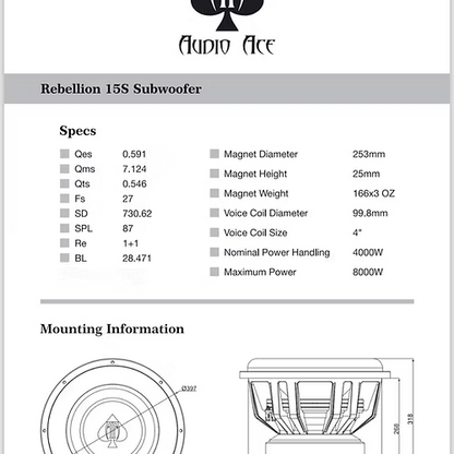 Audio Ace Rebellion 15" 4000W RMS Dual-1-Ohm Subwooofer