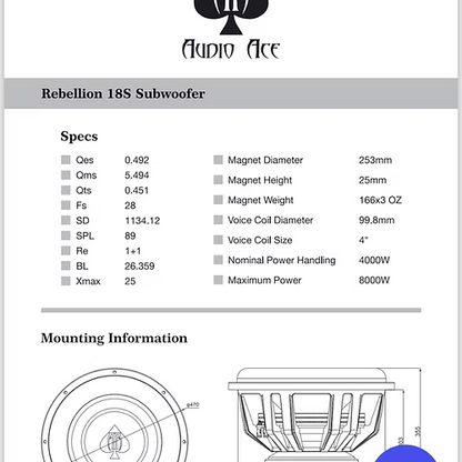 Audio Ace Rebellion 18" 4000W RMS Dual-1-Ohm Subwooofer
